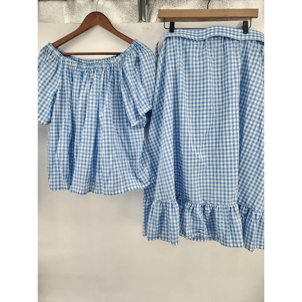 Blue Gingham 2x Vintage Two Piece Set Off‎ Shoulder Top and Ruffle Midi Skirt
